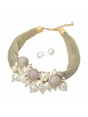 Tigerstars Gold Pearly Cluster Embellished Accent Chunky Mesh Statement Necklace